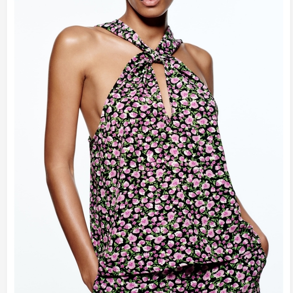 Like new Zara Purple/Pink Floral Halter Neck Top on Black
